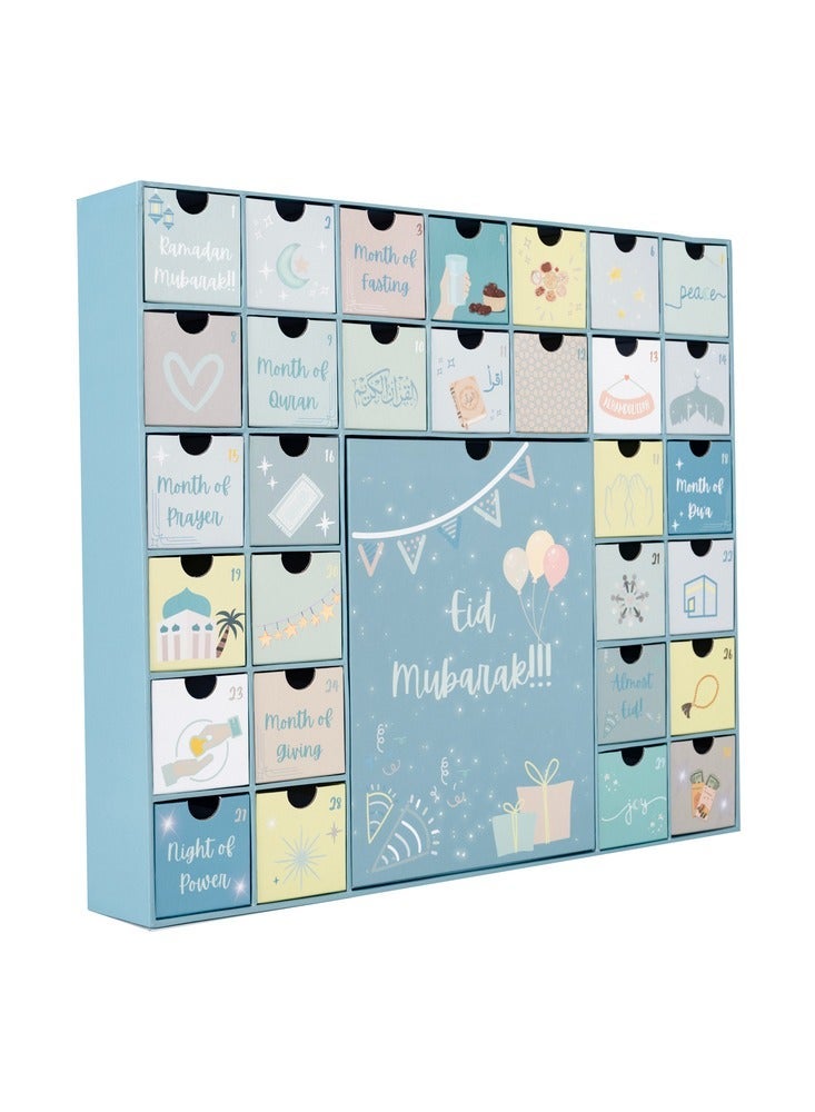 HilalFul Themed Ramadan Countdown Calendar Box for Kids | 30 Days of Surprises | Islamic Themed Countdown with Fillable Drawers | Fun Activity for Family Bonding | Blue Cardboard Design - English - Image 1
